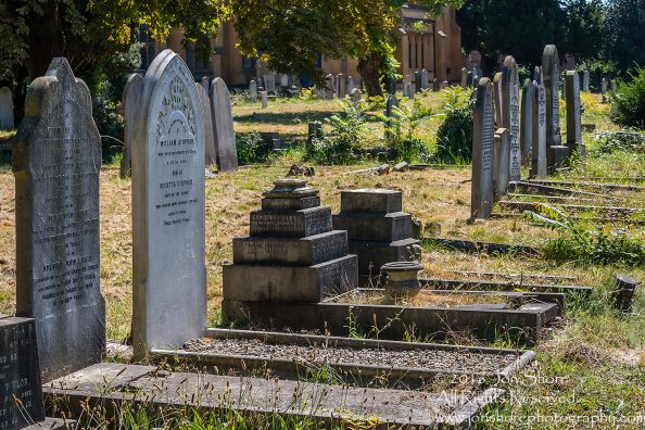 Headstones in Cemetery at Colliers Wood, London, UK Tamron 70mm Lens