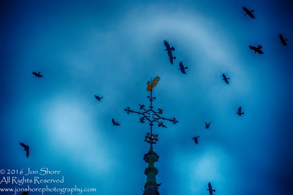 Crows atop Cathedral, Trier, Germany. Nikkor 300mm
