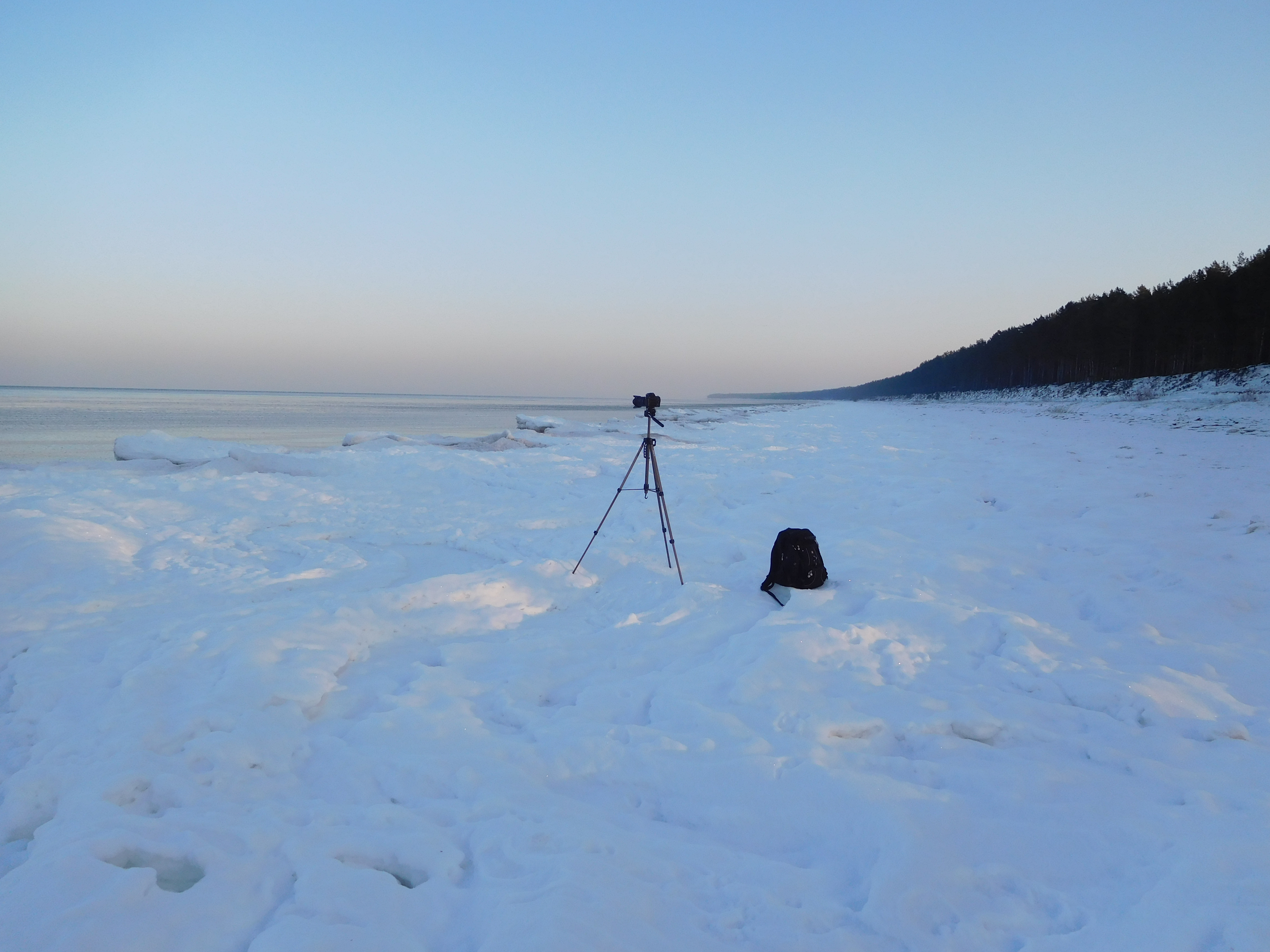 Set up to video the frozen beach. -6 degrees and windy.