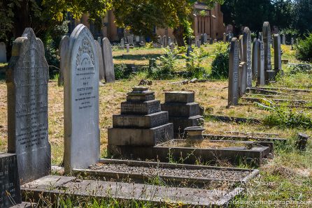 Headstones in Cemetery at Colliers Wood, London, UK Tamron 70mm Lens