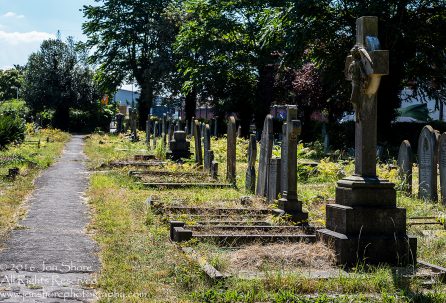 Headstones in Cemetery at Colliers Wood, London, UK Tamron 70mm Lens